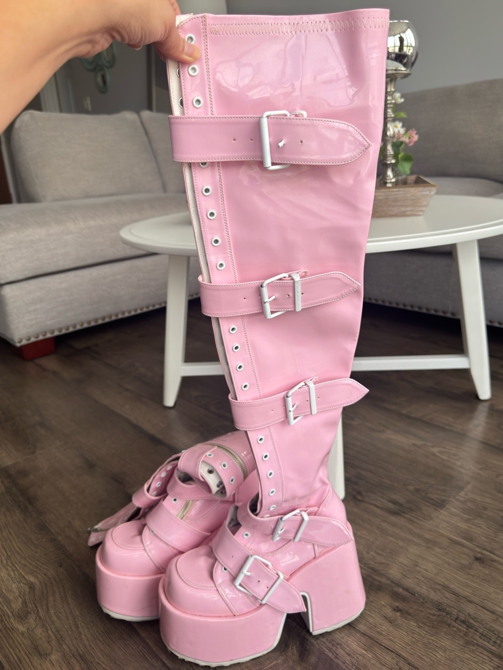 DEMONIA Platform Knee-High Buckle Boots - Pink